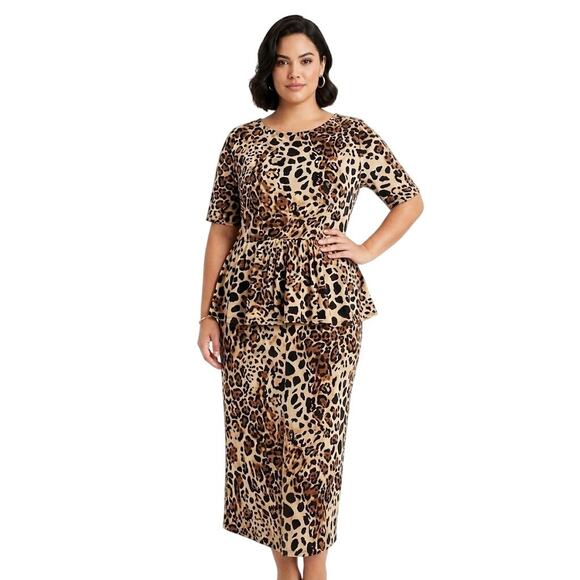None and/or Unknown Dresses & Skirts - Plus Size Leopard Print Midi Dress Peplum Waist Workwear Office 2XL
